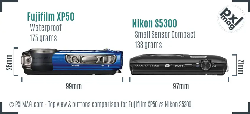 Fujifilm XP50 vs Nikon S5300 top view buttons comparison