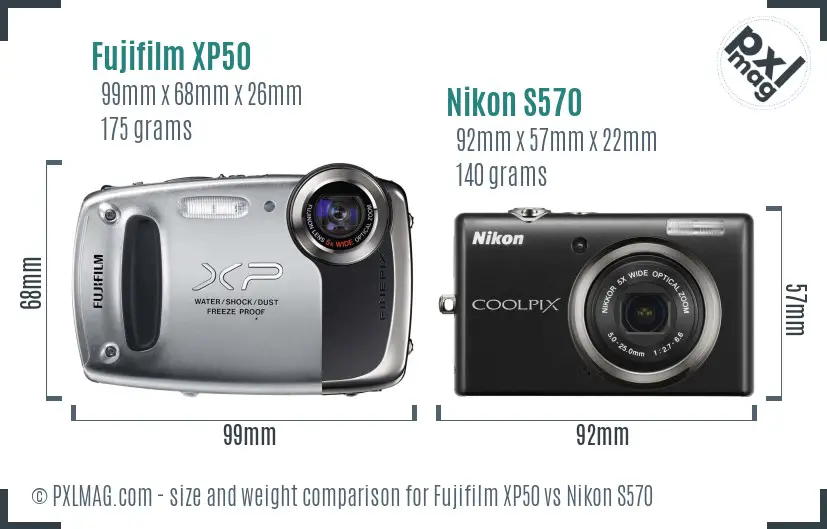 Fujifilm XP50 vs Nikon S570 size comparison