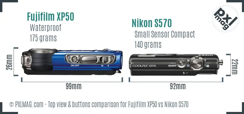 Fujifilm XP50 vs Nikon S570 top view buttons comparison