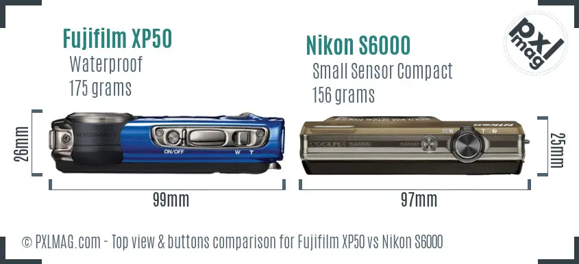 Fujifilm XP50 vs Nikon S6000 top view buttons comparison