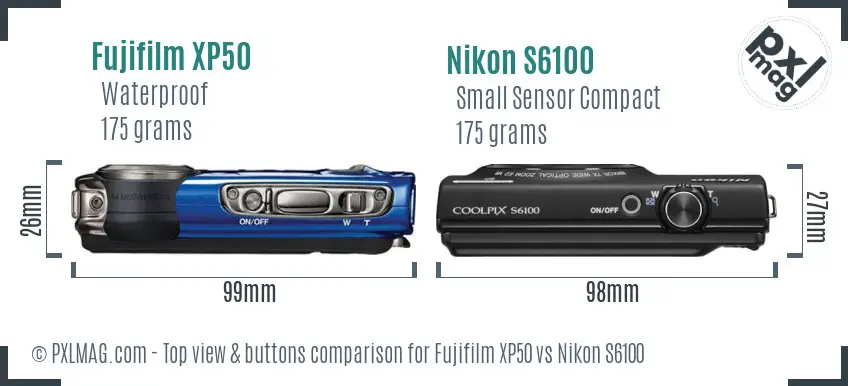 Fujifilm XP50 vs Nikon S6100 top view buttons comparison