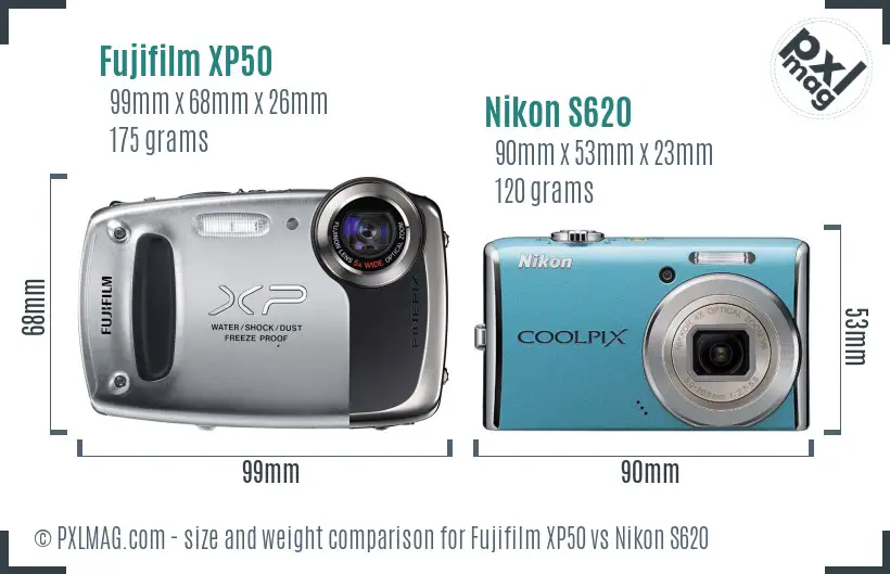 Fujifilm XP50 vs Nikon S620 size comparison
