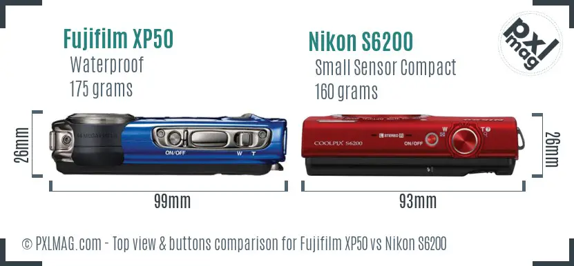 Fujifilm XP50 vs Nikon S6200 top view buttons comparison