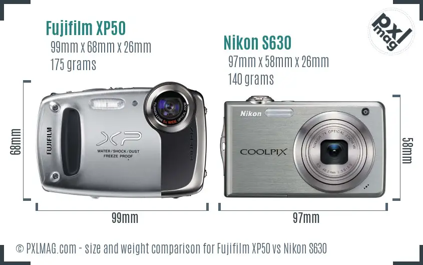 Fujifilm XP50 vs Nikon S630 size comparison