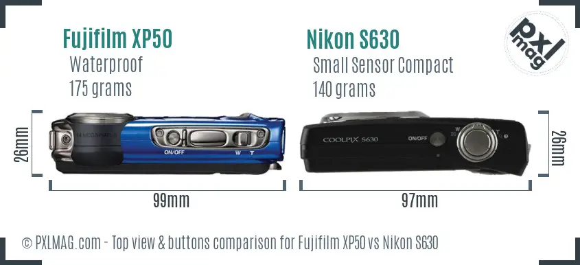 Fujifilm XP50 vs Nikon S630 top view buttons comparison