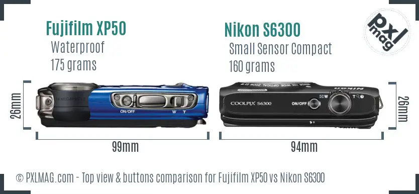 Fujifilm XP50 vs Nikon S6300 top view buttons comparison