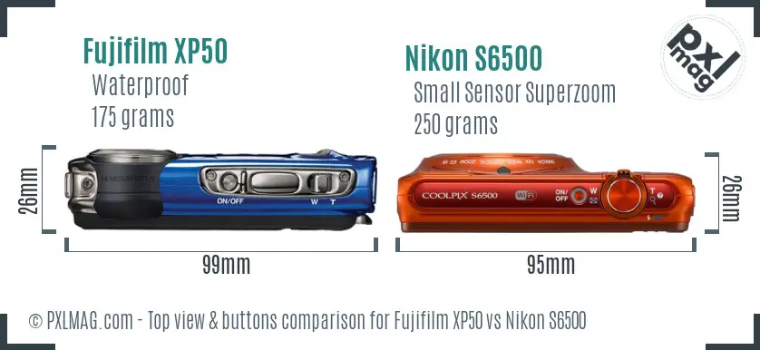 Fujifilm XP50 vs Nikon S6500 top view buttons comparison