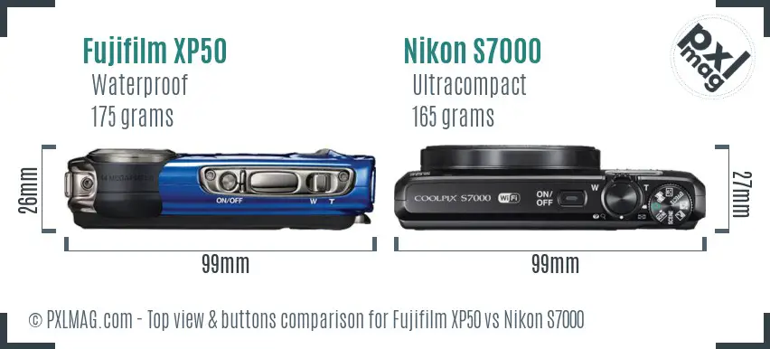 Fujifilm XP50 vs Nikon S7000 top view buttons comparison