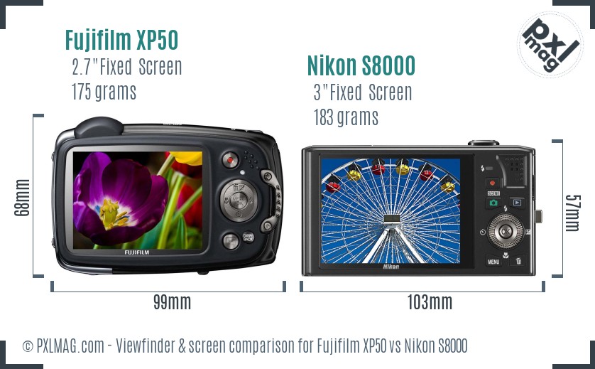 Fujifilm XP50 vs Nikon S8000 Screen and Viewfinder comparison