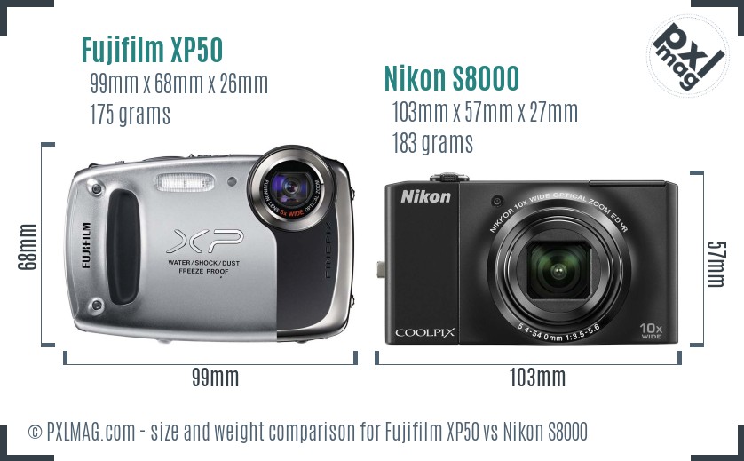 Fujifilm XP50 vs Nikon S8000 size comparison