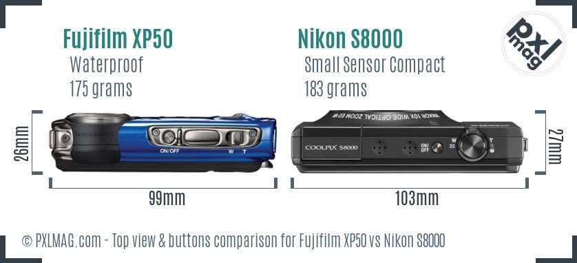 Fujifilm XP50 vs Nikon S8000 top view buttons comparison