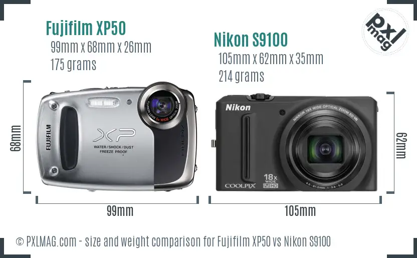 Fujifilm XP50 vs Nikon S9100 size comparison