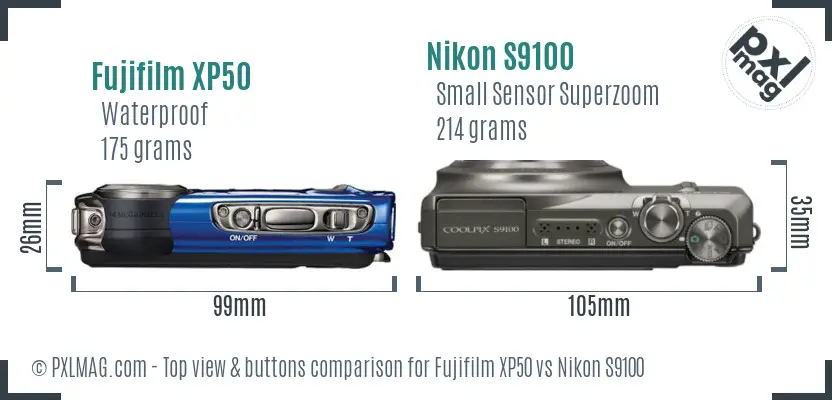 Fujifilm XP50 vs Nikon S9100 top view buttons comparison