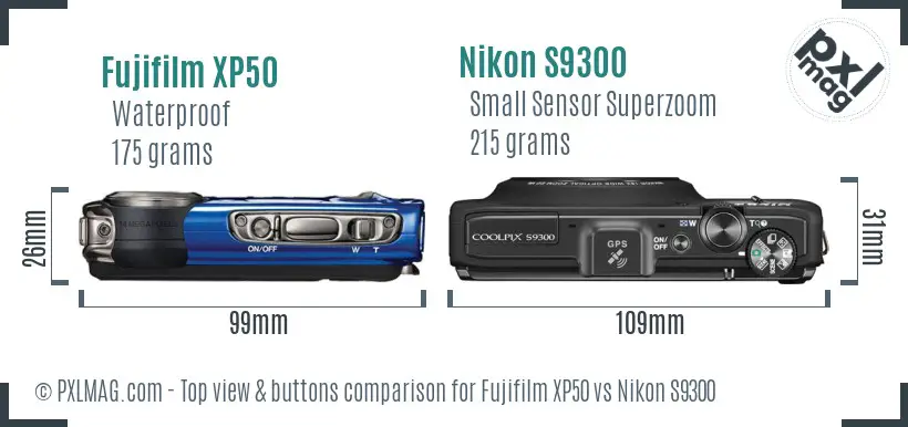 Fujifilm XP50 vs Nikon S9300 top view buttons comparison Fujifilm XP50 vs Nikon S9300 top view buttons comparison