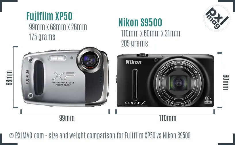 Fujifilm XP50 vs Nikon S9500 size comparison