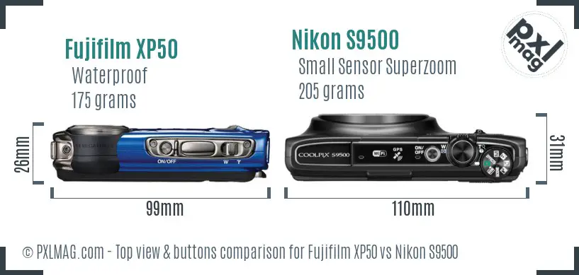 Fujifilm XP50 vs Nikon S9500 top view buttons comparison
