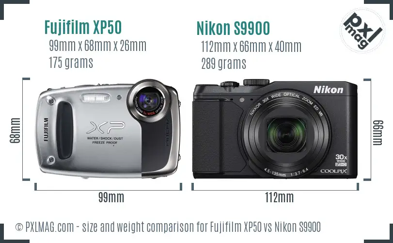 Fujifilm XP50 vs Nikon S9900 size comparison