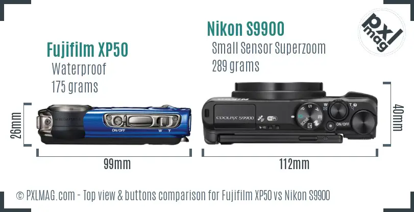 Fujifilm XP50 vs Nikon S9900 top view buttons comparison