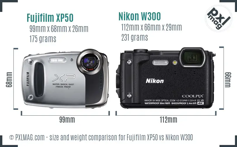 Fujifilm XP50 vs Nikon W300 size comparison