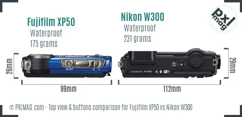 Fujifilm XP50 vs Nikon W300 top view buttons comparison