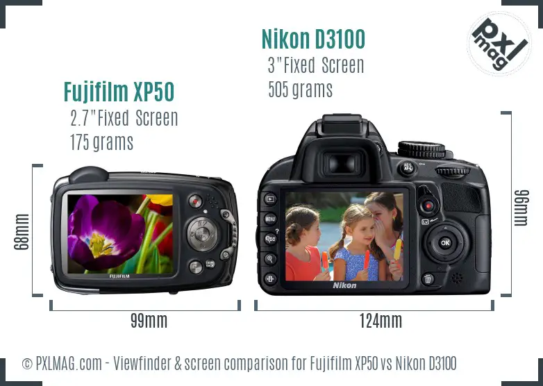 Fujifilm XP50 vs Nikon D3100 Screen and Viewfinder comparison