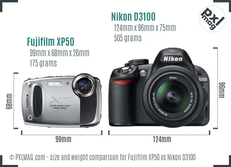 Fujifilm XP50 vs Nikon D3100 size comparison