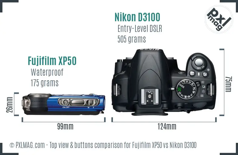 Fujifilm XP50 vs Nikon D3100 top view buttons comparison