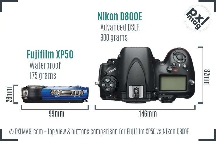 Fujifilm XP50 vs Nikon D800E top view buttons comparison