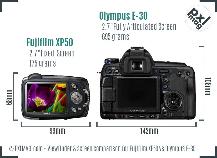 Fujifilm XP50 vs Olympus E-30 Screen and Viewfinder comparison