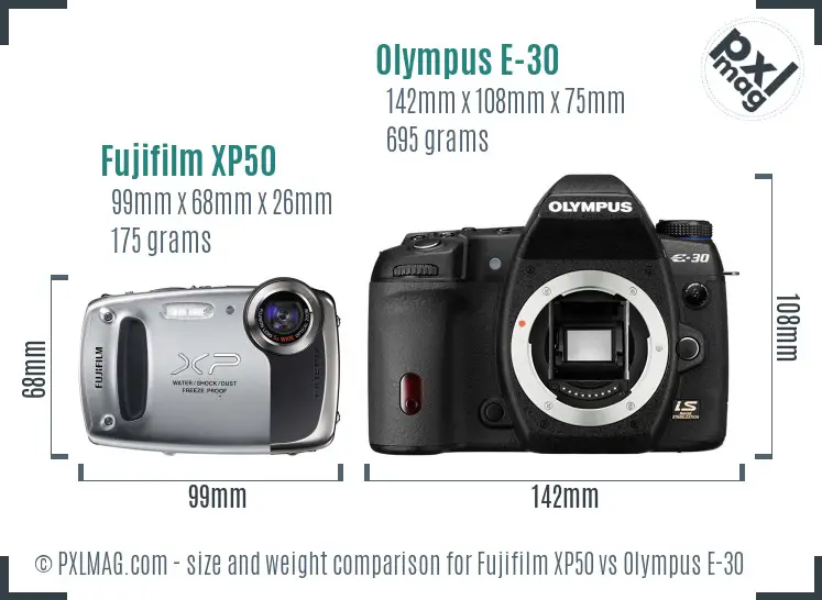 Fujifilm XP50 vs Olympus E-30 size comparison