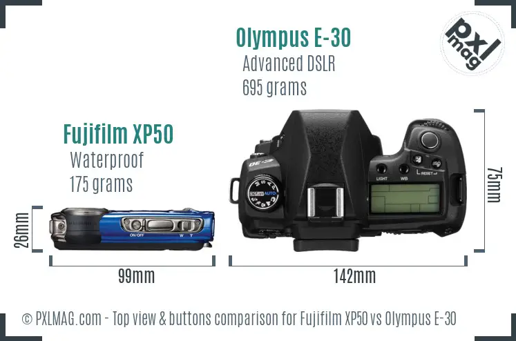 Fujifilm XP50 vs Olympus E-30 top view buttons comparison
