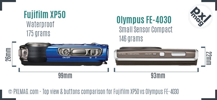Fujifilm XP50 vs Olympus FE-4030 top view buttons comparison