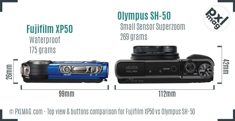 Fujifilm XP50 vs Olympus SH-50 top view buttons comparison
