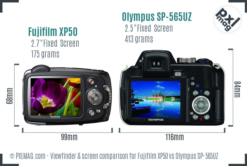 Fujifilm XP50 vs Olympus SP-565UZ Screen and Viewfinder comparison