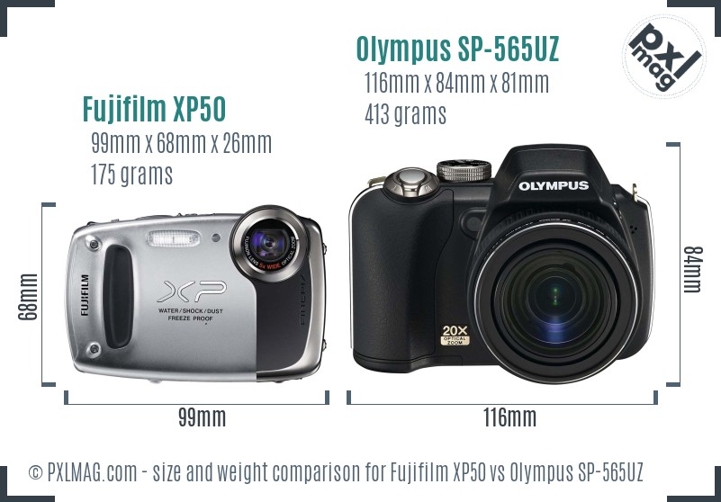 Fujifilm XP50 vs Olympus SP-565UZ size comparison