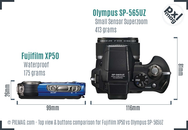 Fujifilm XP50 vs Olympus SP-565UZ top view buttons comparison