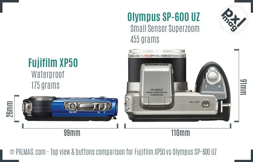 Fujifilm XP50 vs Olympus SP-600 UZ top view buttons comparison