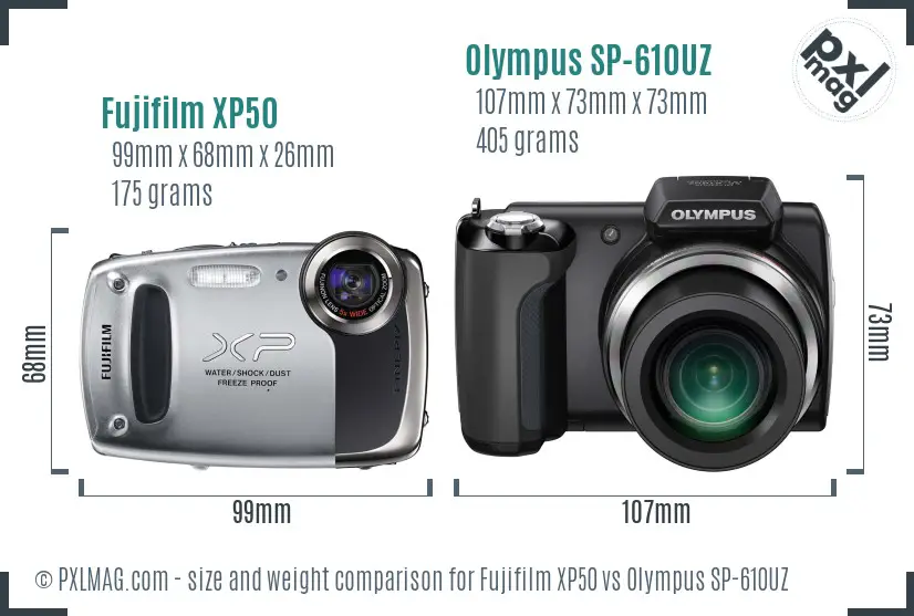 Fujifilm XP50 vs Olympus SP-610UZ size comparison