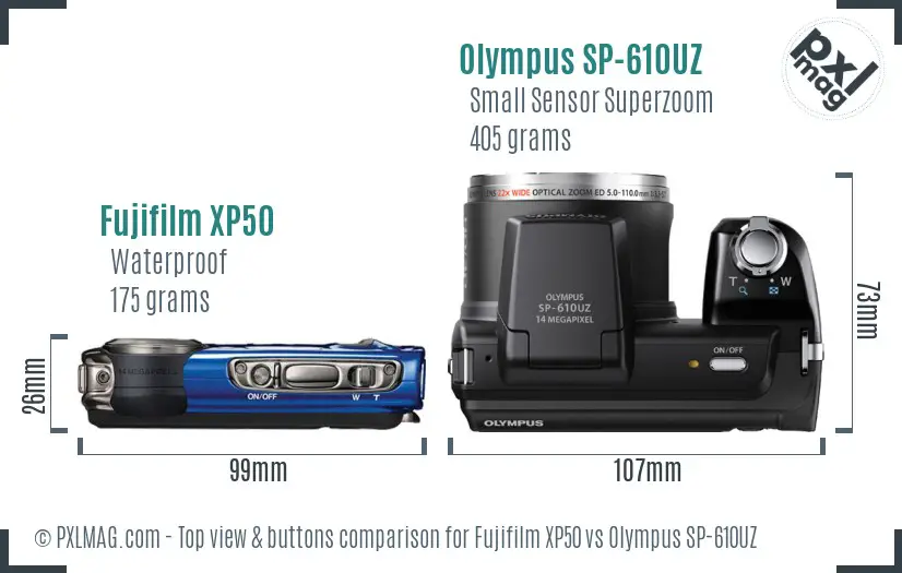 Fujifilm XP50 vs Olympus SP-610UZ top view buttons comparison