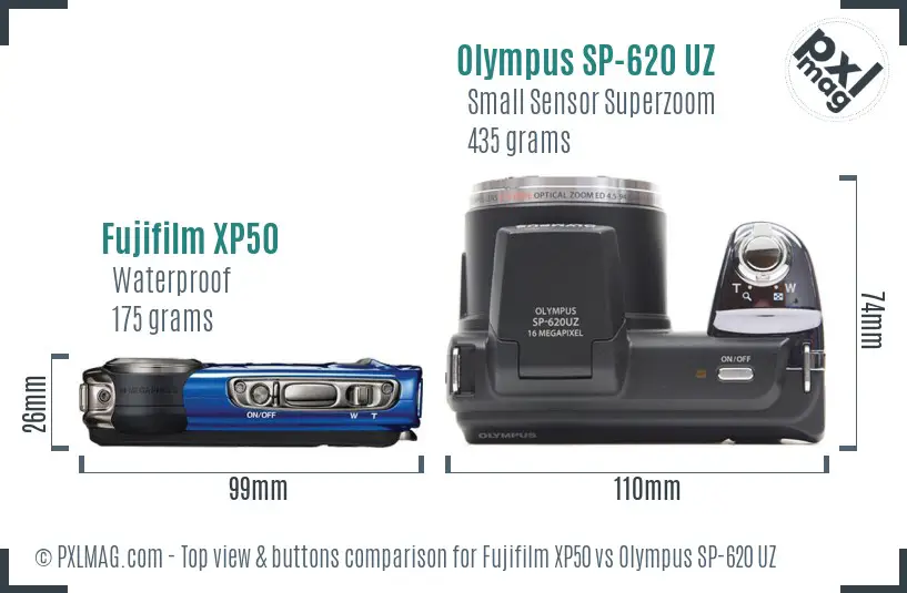 Fujifilm XP50 vs Olympus SP-620 UZ top view buttons comparison