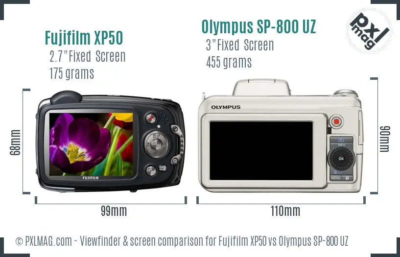 Fujifilm XP50 vs Olympus SP-800 UZ Screen and Viewfinder comparison