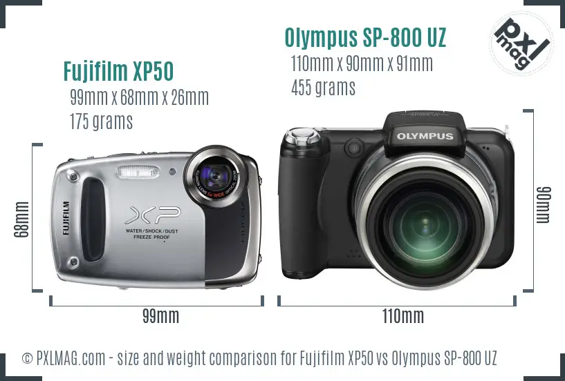 Fujifilm XP50 vs Olympus SP-800 UZ size comparison