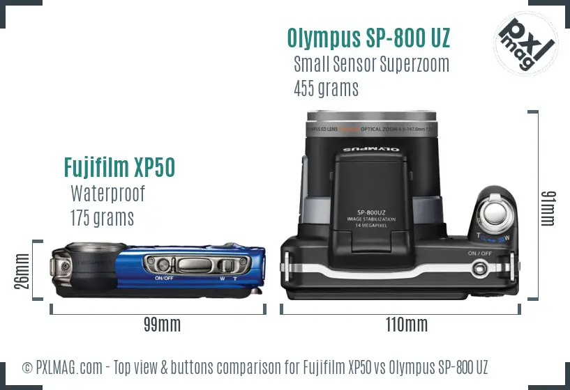 Fujifilm XP50 vs Olympus SP-800 UZ top view buttons comparison