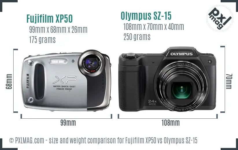 Fujifilm XP50 vs Olympus SZ-15 size comparison Fujifilm XP50 vs Olympus SZ-15 size comparison