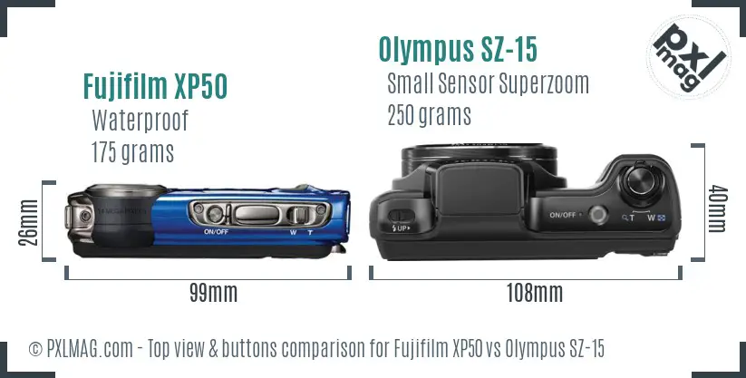 Fujifilm XP50 vs Olympus SZ-15 top view buttons comparison