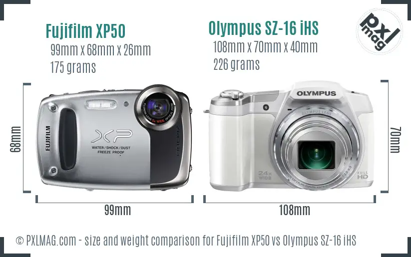 Fujifilm XP50 vs Olympus SZ-16 iHS size comparison