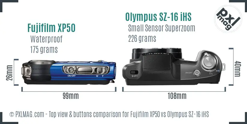 Fujifilm XP50 vs Olympus SZ-16 iHS top view buttons comparison