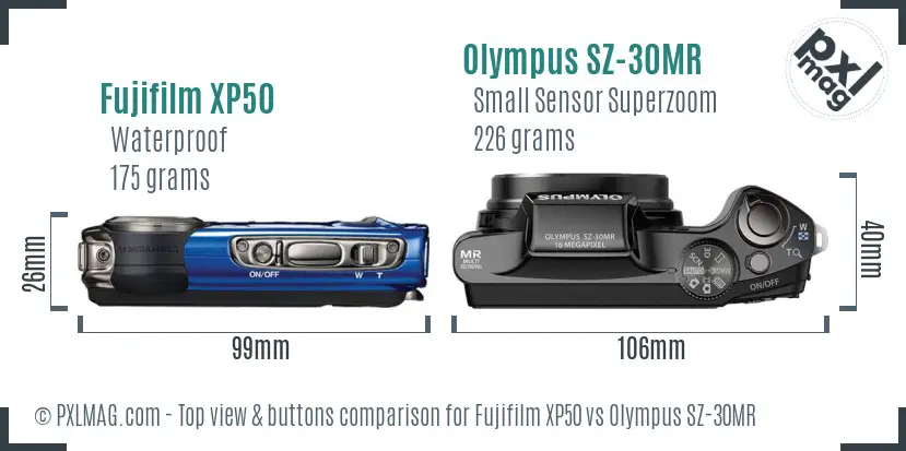 Fujifilm XP50 vs Olympus SZ-30MR top view buttons comparison