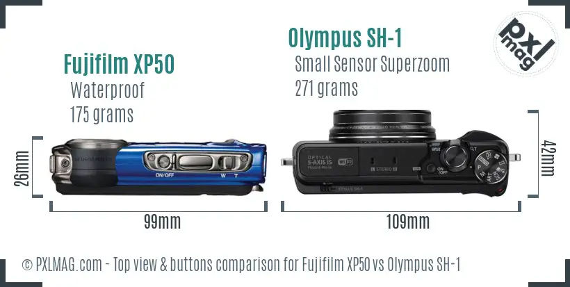 Fujifilm XP50 vs Olympus SH-1 top view buttons comparison