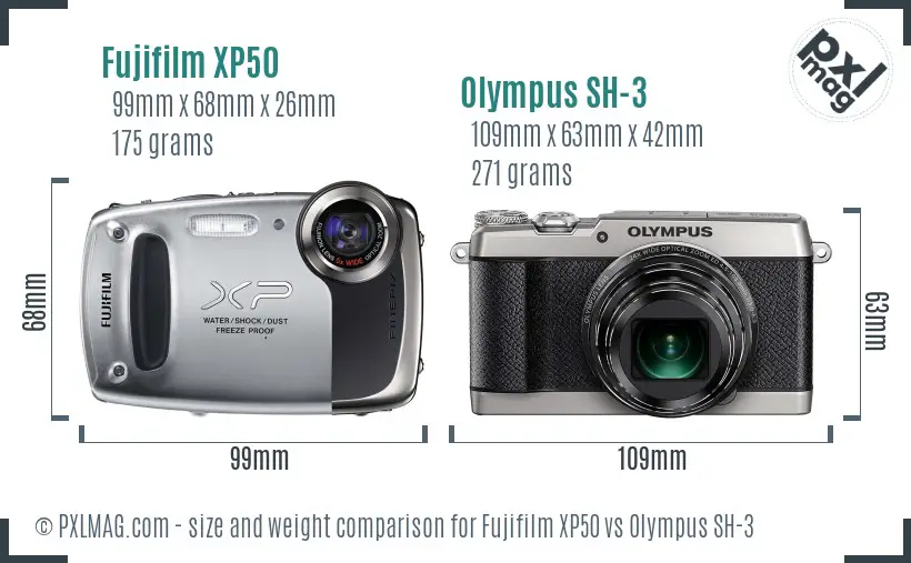 Fujifilm XP50 vs Olympus SH-3 size comparison